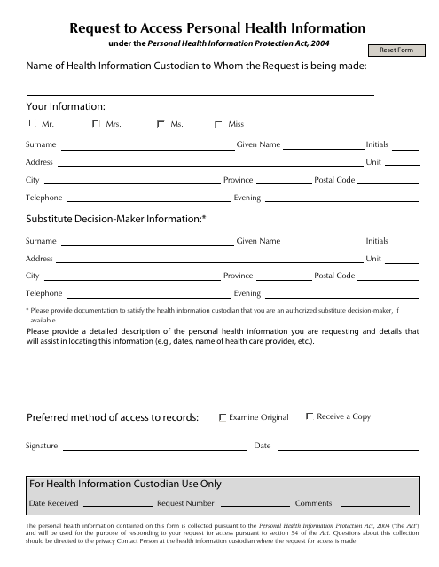 Request to Access Personal Health Information Document Preview