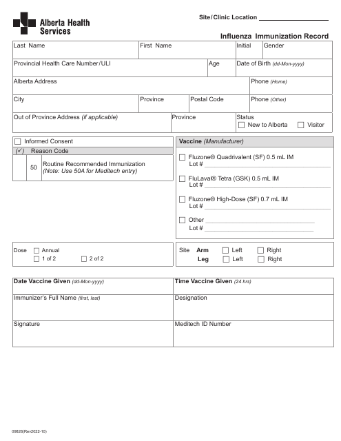 Form 09826 Influenza Immunization Record - Alberta, Canada