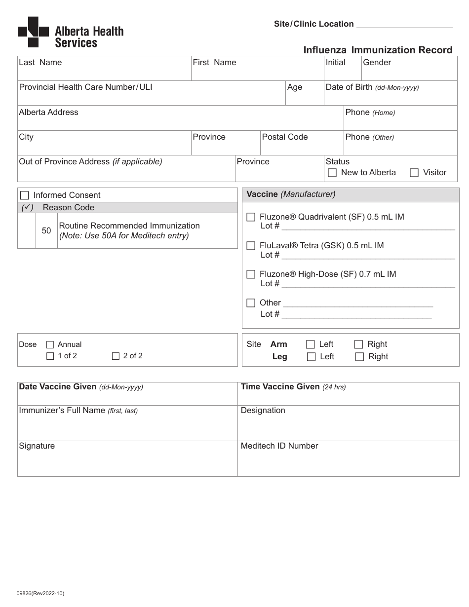 Form 09826 Influenza Immunization Record - Alberta, Canada, Page 1