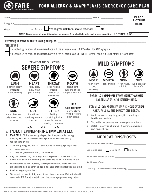 Food Allergy & Anaphylaxis Emergency Care Plan Document Preview