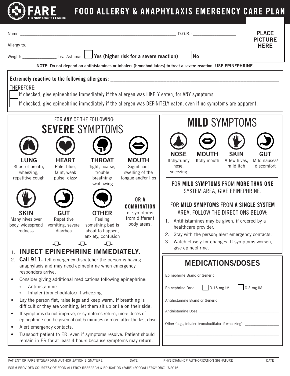 Food Allergy & Anaphylaxis Emergency Care Plan Document Preview