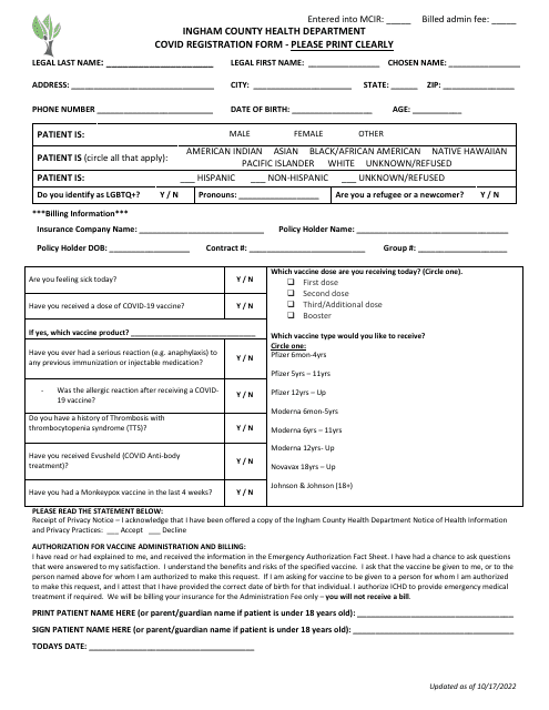 Covid Registration Form - Ingham County, Michigan Download Pdf