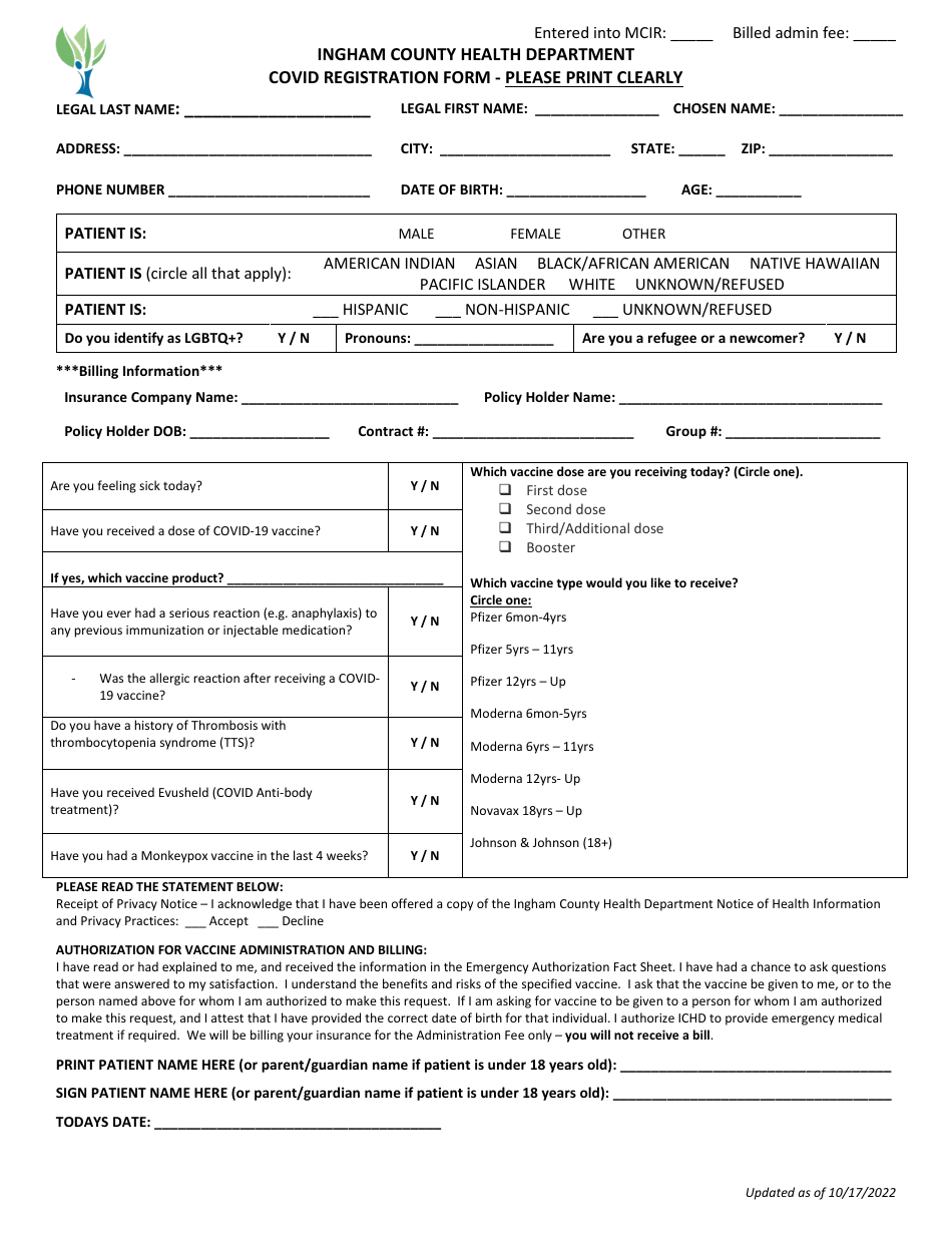 Covid Registration Form - Ingham County, Michigan, Page 1