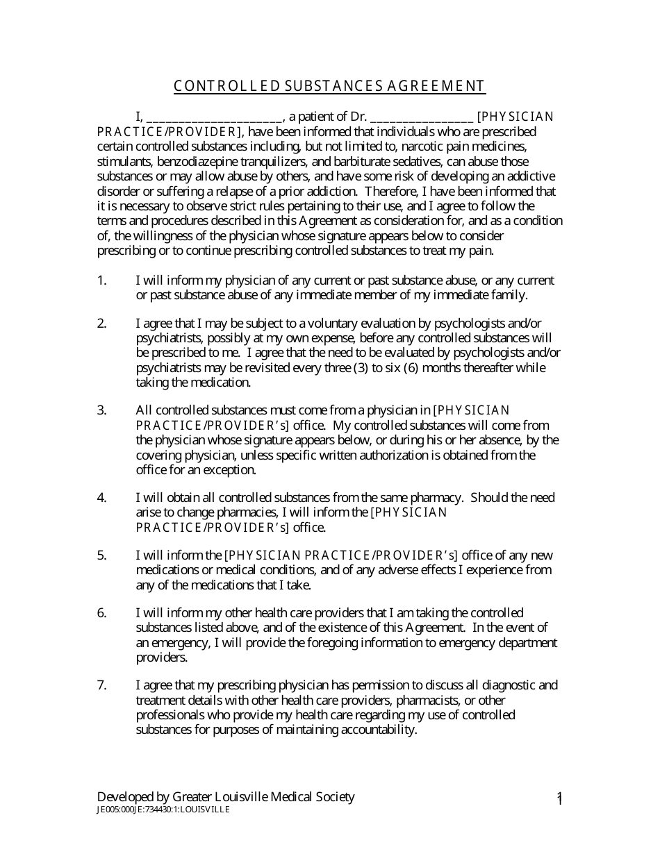 Controlled Substances Agreement - Greater Louisville Medical Society, Page 1