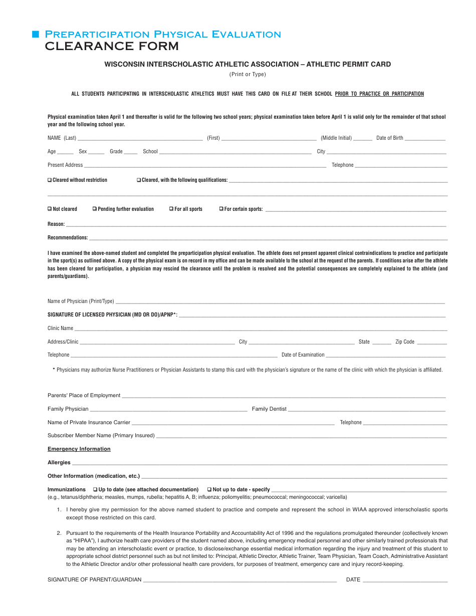 Preparticipation Physical Evaluation Clearance Form - Wisconsin Interscholastic Athletic Association, Page 1
