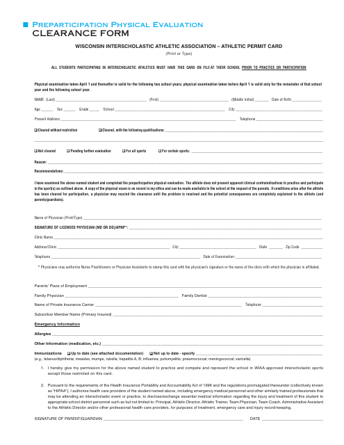 Preparticipation Physical Evaluation Clearance Form - Wisconsin Interscholastic Athletic Association