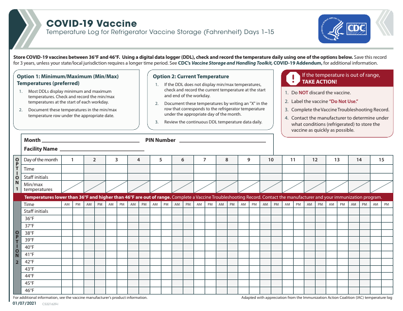Form CS321629-I Covid-19 Vaccine Temperature Log for Refrigerator Vaccine Storage (Fahrenheit) Days 1-15