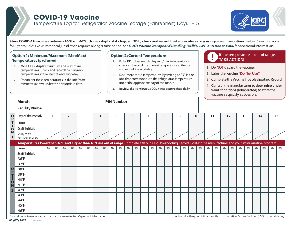 Form CS321629-I Covid-19 Vaccine Temperature Log for Refrigerator Vaccine Storage (Fahrenheit) Days 1-15, Page 1