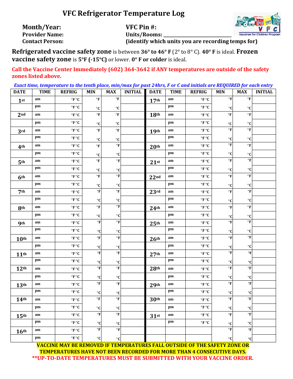Arizona vfc refrigerator temperature log fill out sign online and