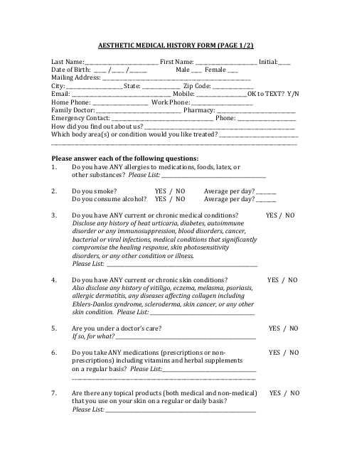 Aesthetic Medical History Form Download Pdf