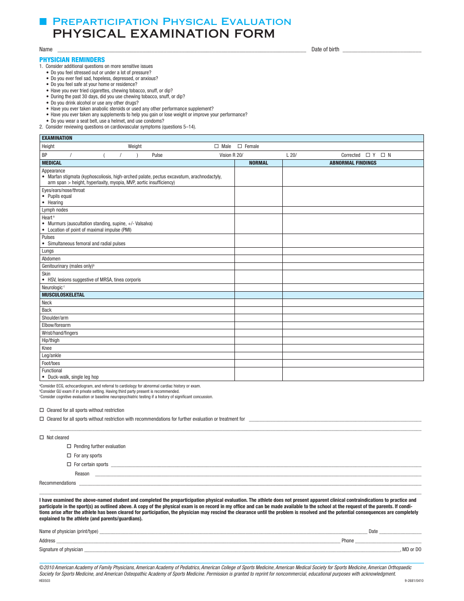 Preparticipation Physical Examination Form - American Medical Society for Sports Medicine, Page 1
