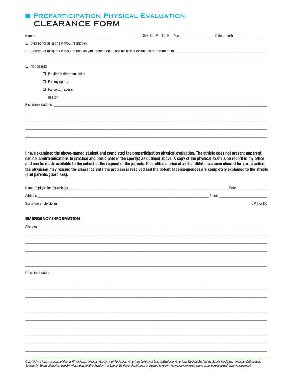 Preparticipation Physical Examination Form American Medical Society