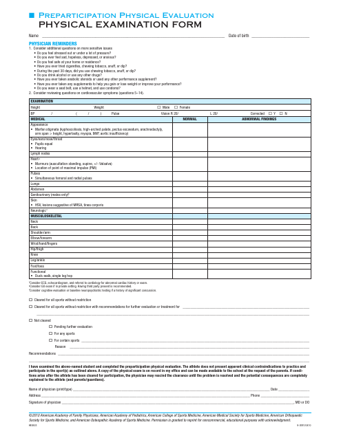 Preparticipation Physical Examination Form - American Medical Society for Sports Medicine Download Pdf
