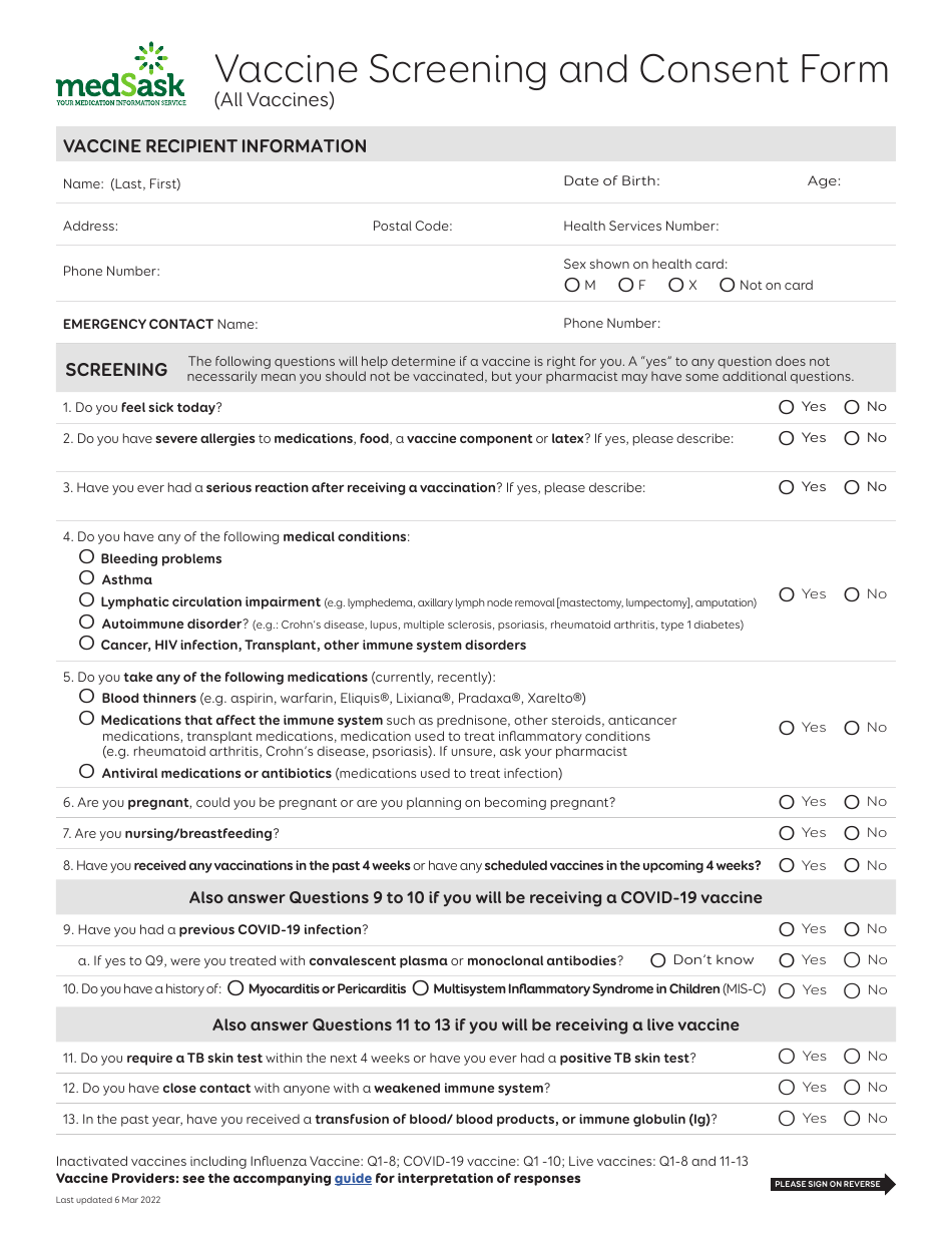 Vaccine Screening and Consent Form - Medsask, Page 1