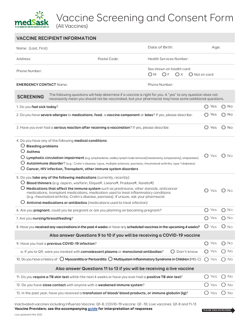 Vaccine Screening and Consent Form - Medsask