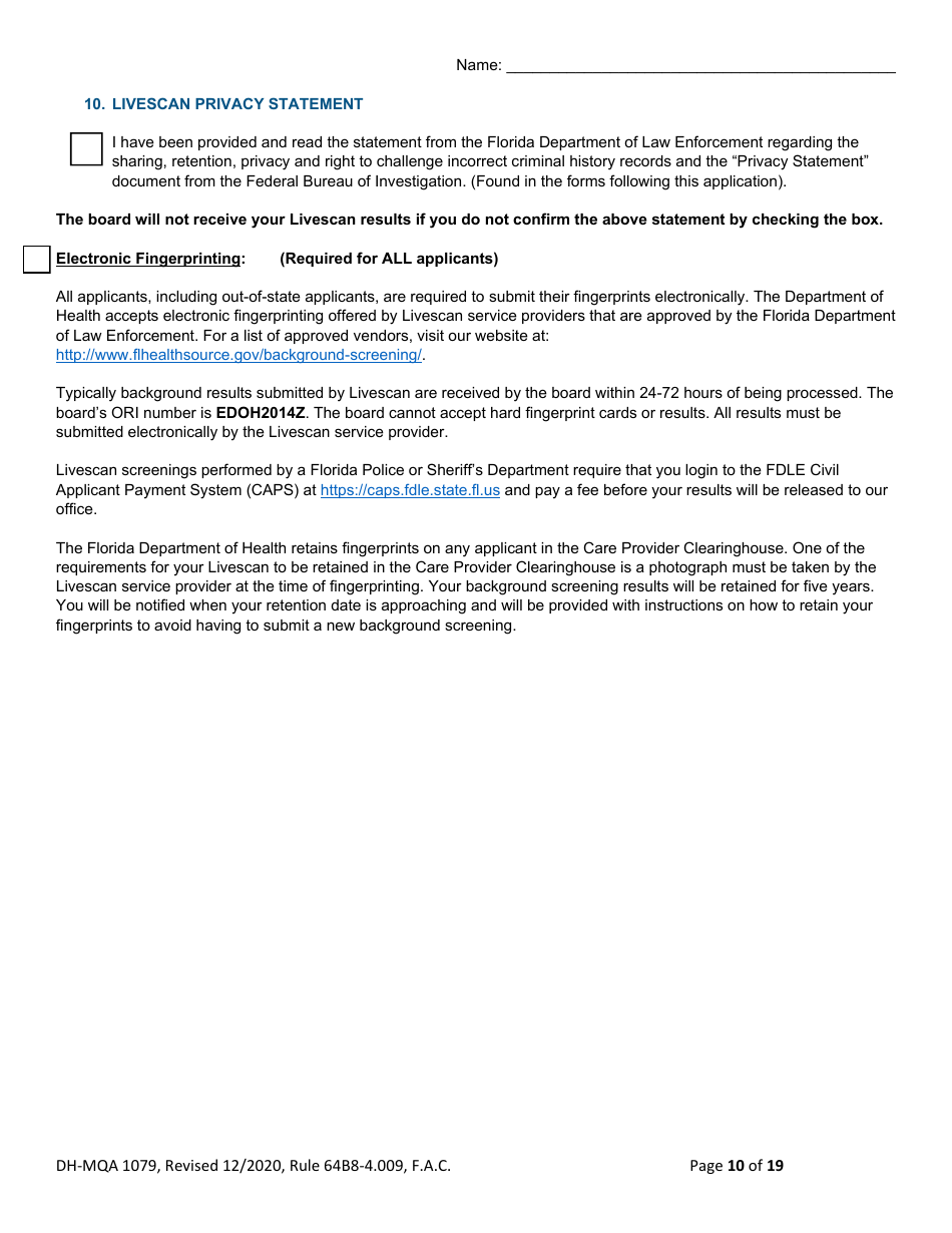 Form DH-MQA1079 Temporary Certificate for Visiting Physicians to Obtain Medical Privileges for Instruction Purposes in Conjunction With Certain Plastic Surgery, Medical or Surgical Training Programs and Educational Symposiums - Florida, Page 10
