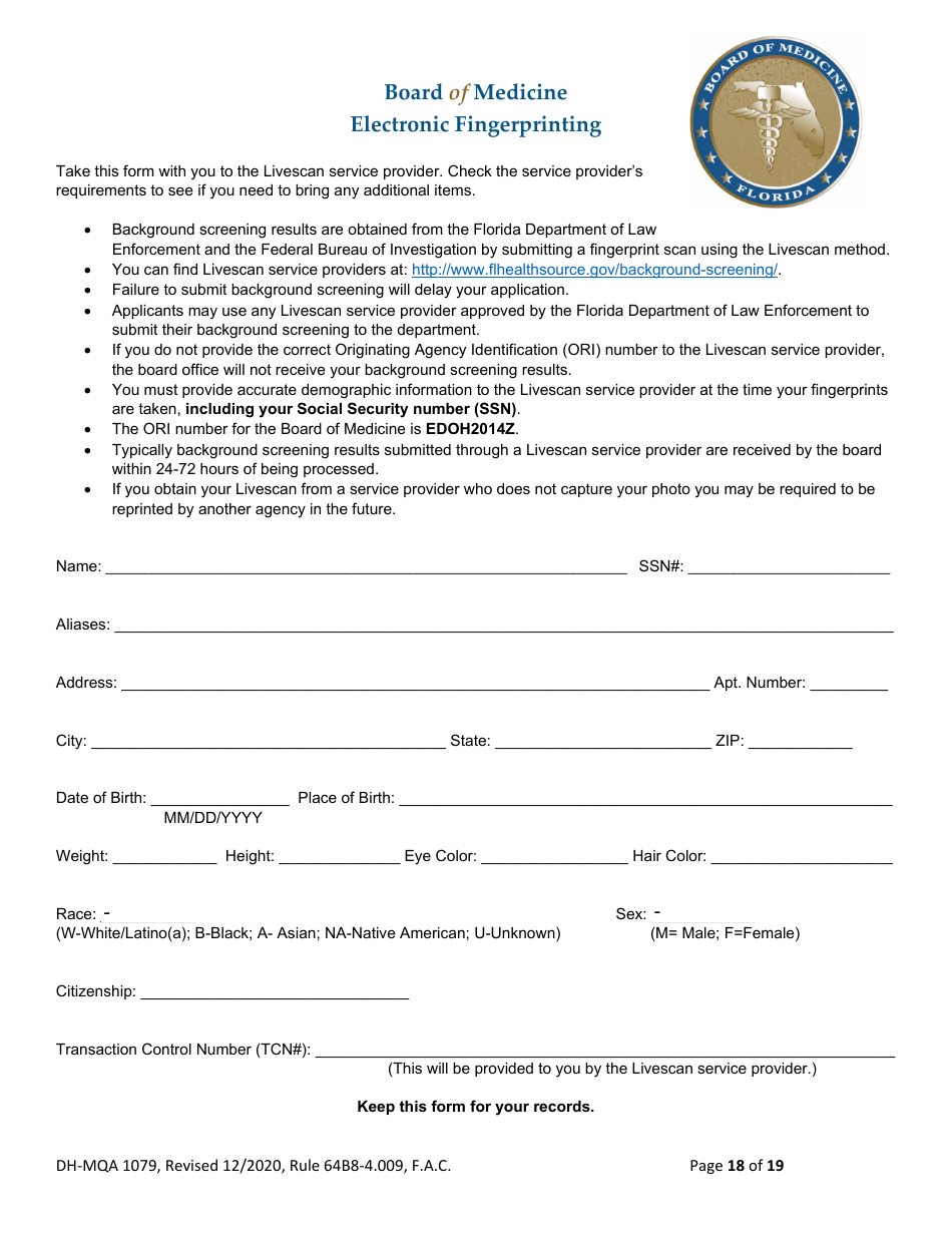 Form DH-MQA1079 Temporary Certificate for Visiting Physicians to Obtain Medical Privileges for Instruction Purposes in Conjunction With Certain Plastic Surgery, Medical or Surgical Training Programs and Educational Symposiums - Florida, Page 18