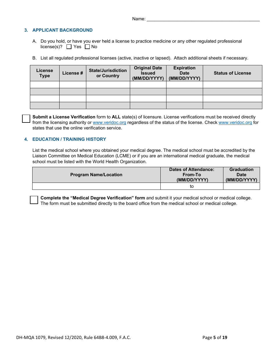 Form DH-MQA1079 Temporary Certificate for Visiting Physicians to Obtain Medical Privileges for Instruction Purposes in Conjunction With Certain Plastic Surgery, Medical or Surgical Training Programs and Educational Symposiums - Florida, Page 5