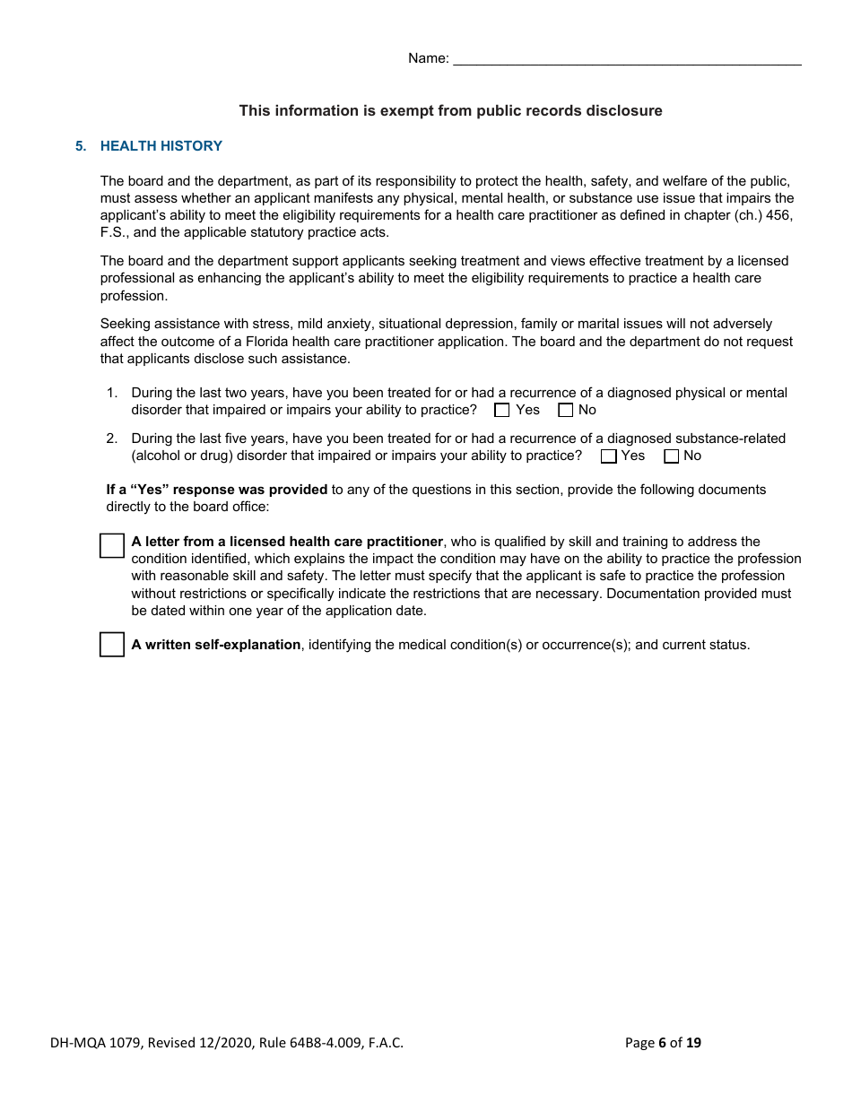 Form DH-MQA1079 Temporary Certificate for Visiting Physicians to Obtain Medical Privileges for Instruction Purposes in Conjunction With Certain Plastic Surgery, Medical or Surgical Training Programs and Educational Symposiums - Florida, Page 6