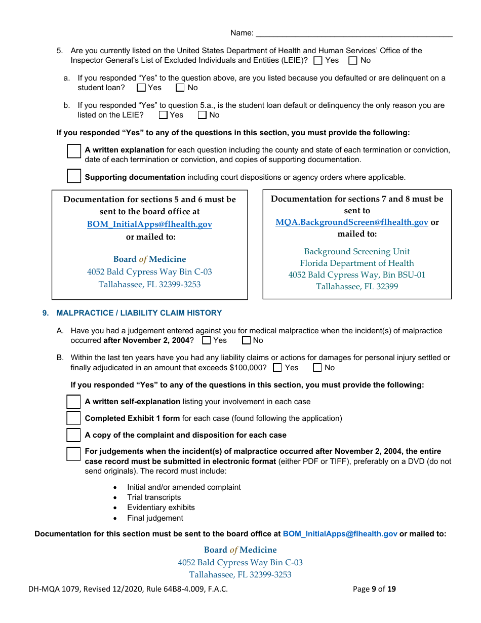 Form DH-MQA1079 Temporary Certificate for Visiting Physicians to Obtain Medical Privileges for Instruction Purposes in Conjunction With Certain Plastic Surgery, Medical or Surgical Training Programs and Educational Symposiums - Florida, Page 9