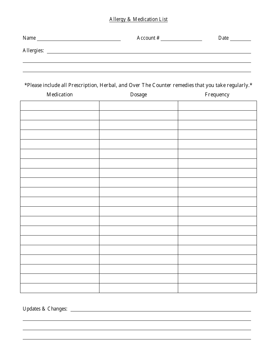 Allergy  Medication List Template, Page 1