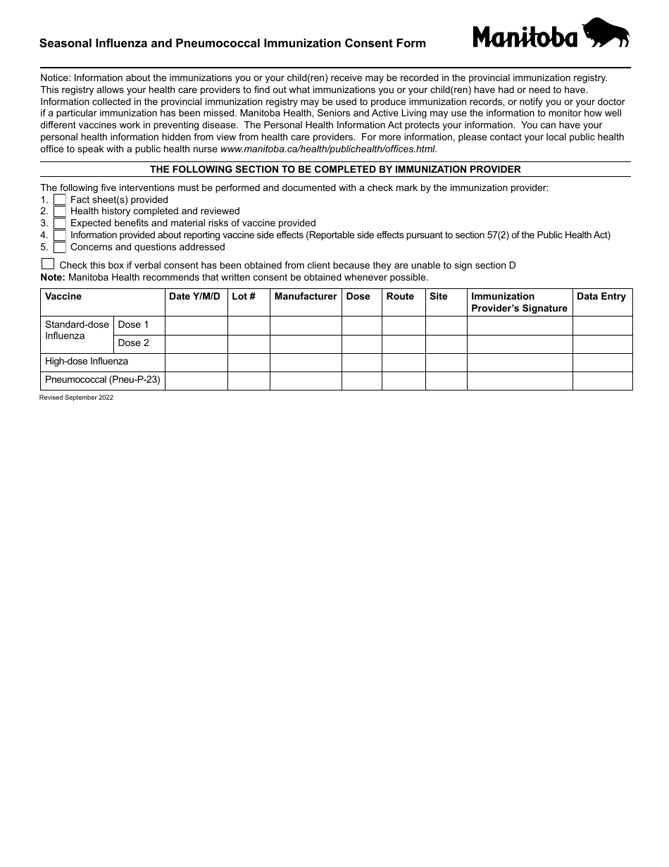 Manitoba Canada Seasonal Influenza and Pneumococcal Immunization