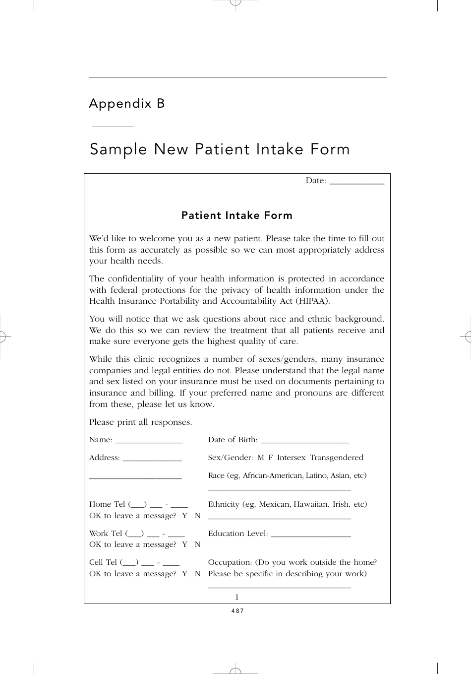 Sample New Patient Intake Form, Page 1