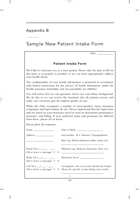 Sample New Patient Intake Form Download Pdf