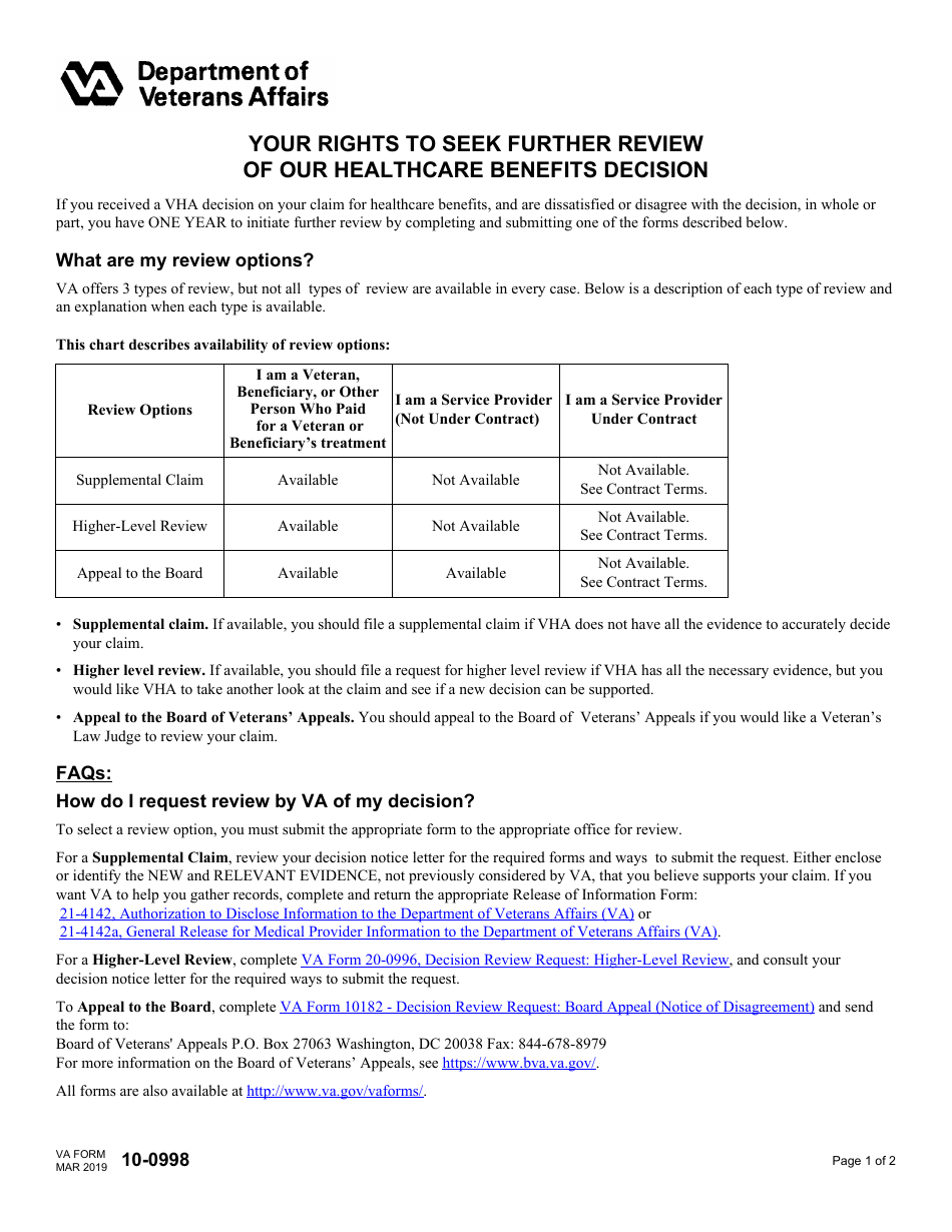 VA Form 10-0998 Your Rights to Seek Further Review of Our Healthcare Benefits Decision, Page 1