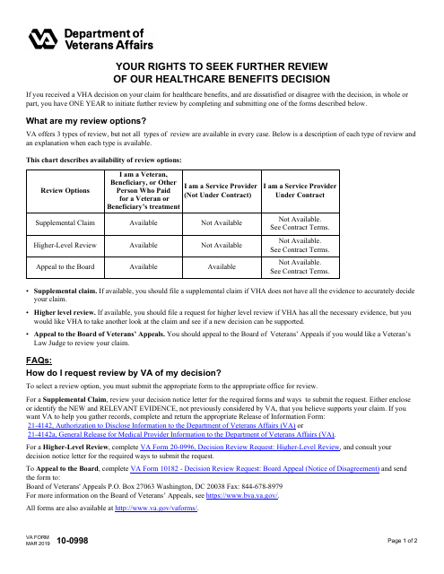 VA Form 10-0998 Your Rights to Seek Further Review of Our Healthcare Benefits Decision
