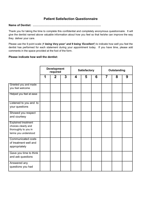 Dental Patient Satisfaction Questionnaire - Image Preview