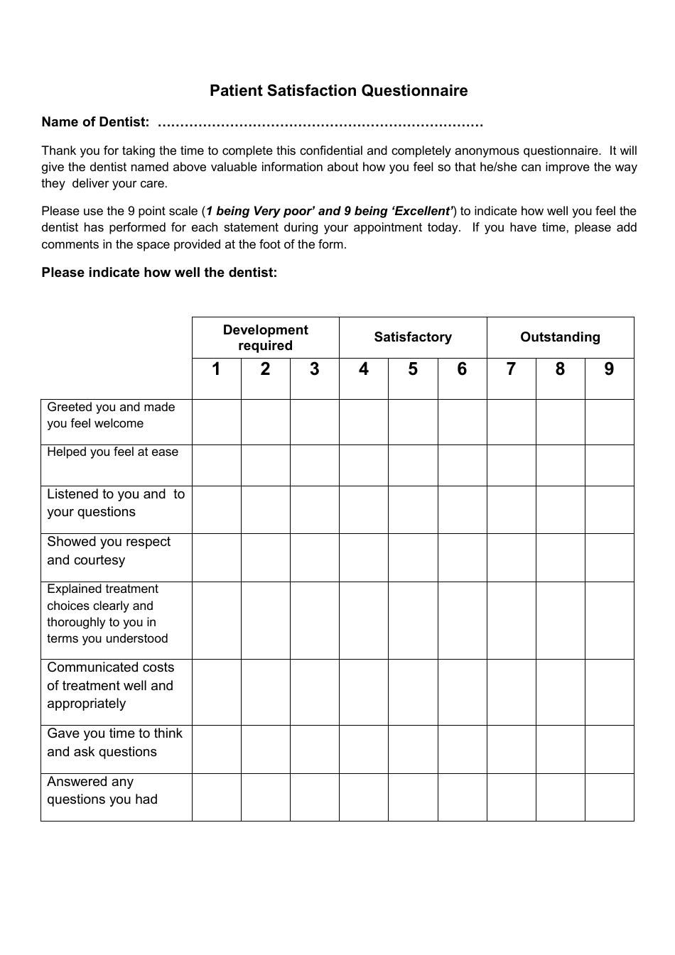Dental Patient Satisfaction Questionnaire - Image Preview