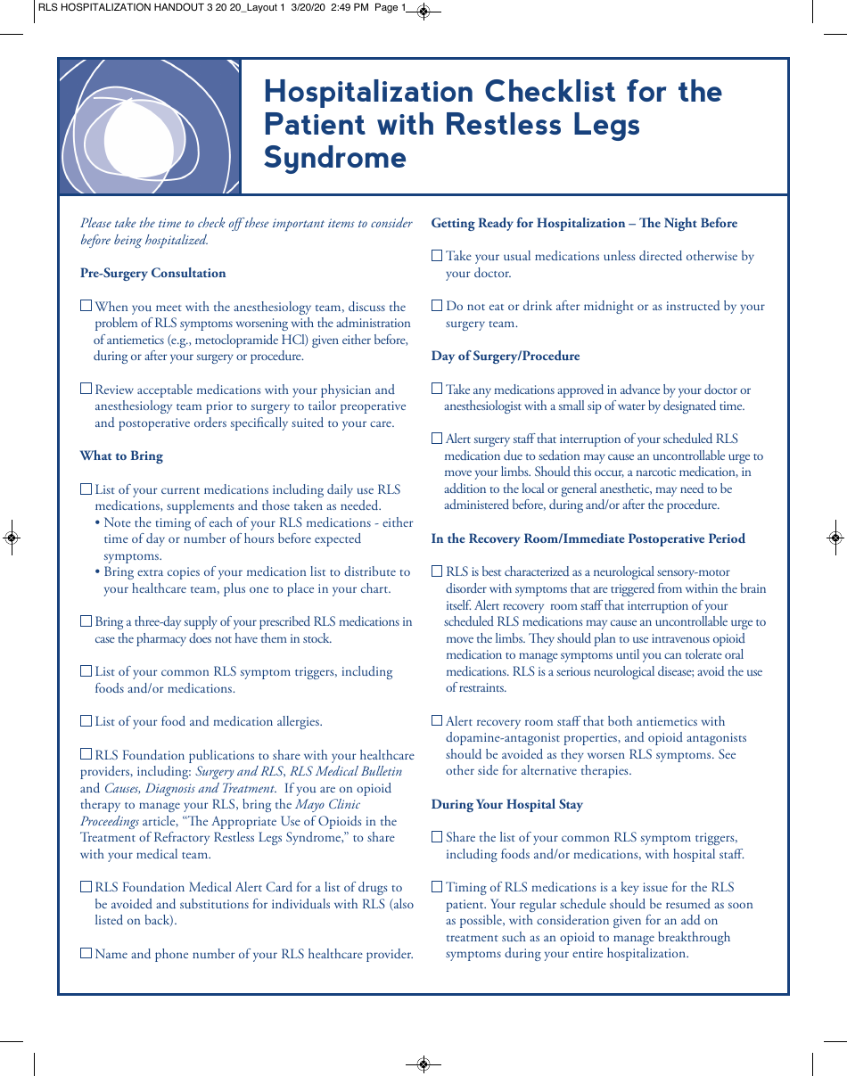 Hospitalization Checklist for the Patient With Restless Legs Syndrome - Hospital_logo
