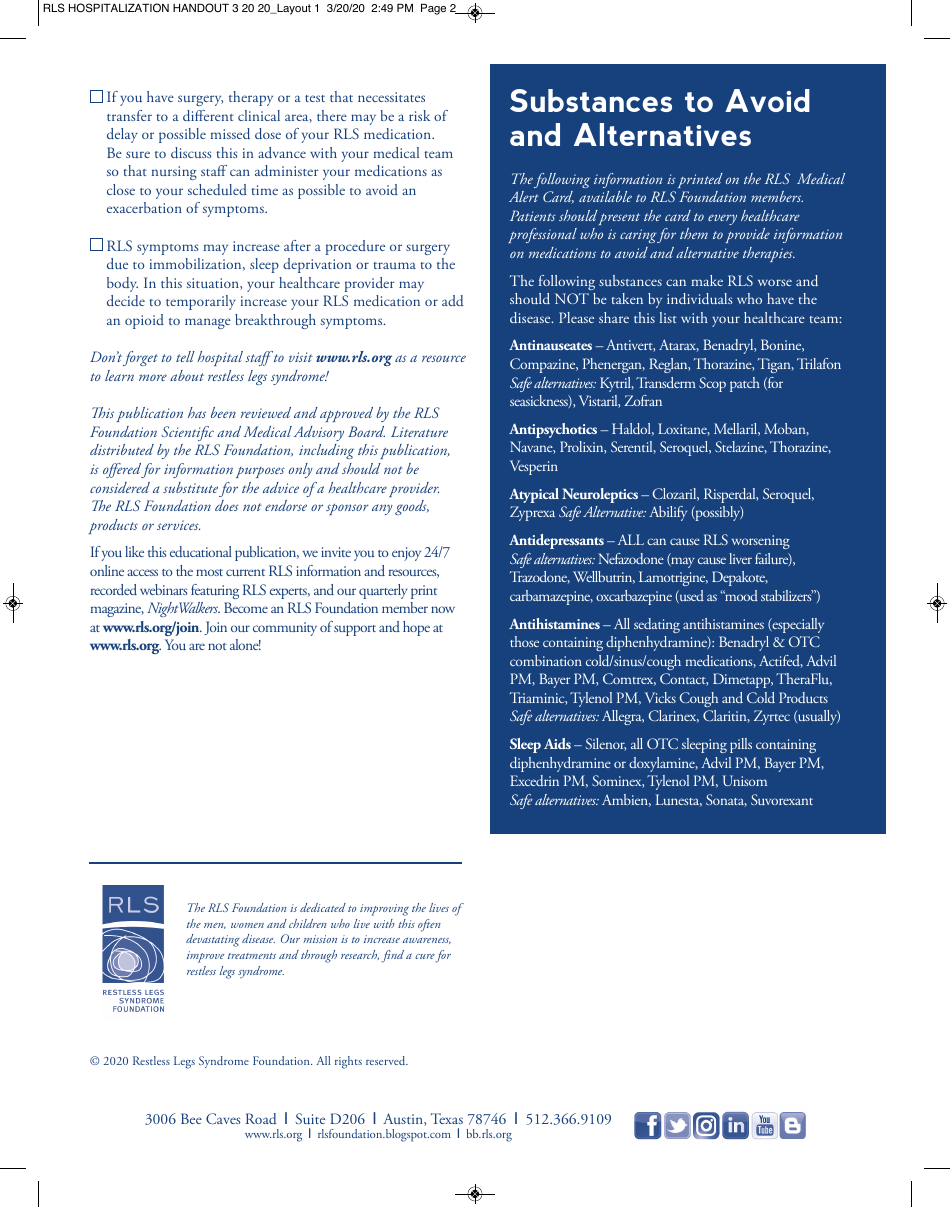 Hospitalization Checklist for the Patient With Restless Legs Syndrome - Rls Foundation, Page 2