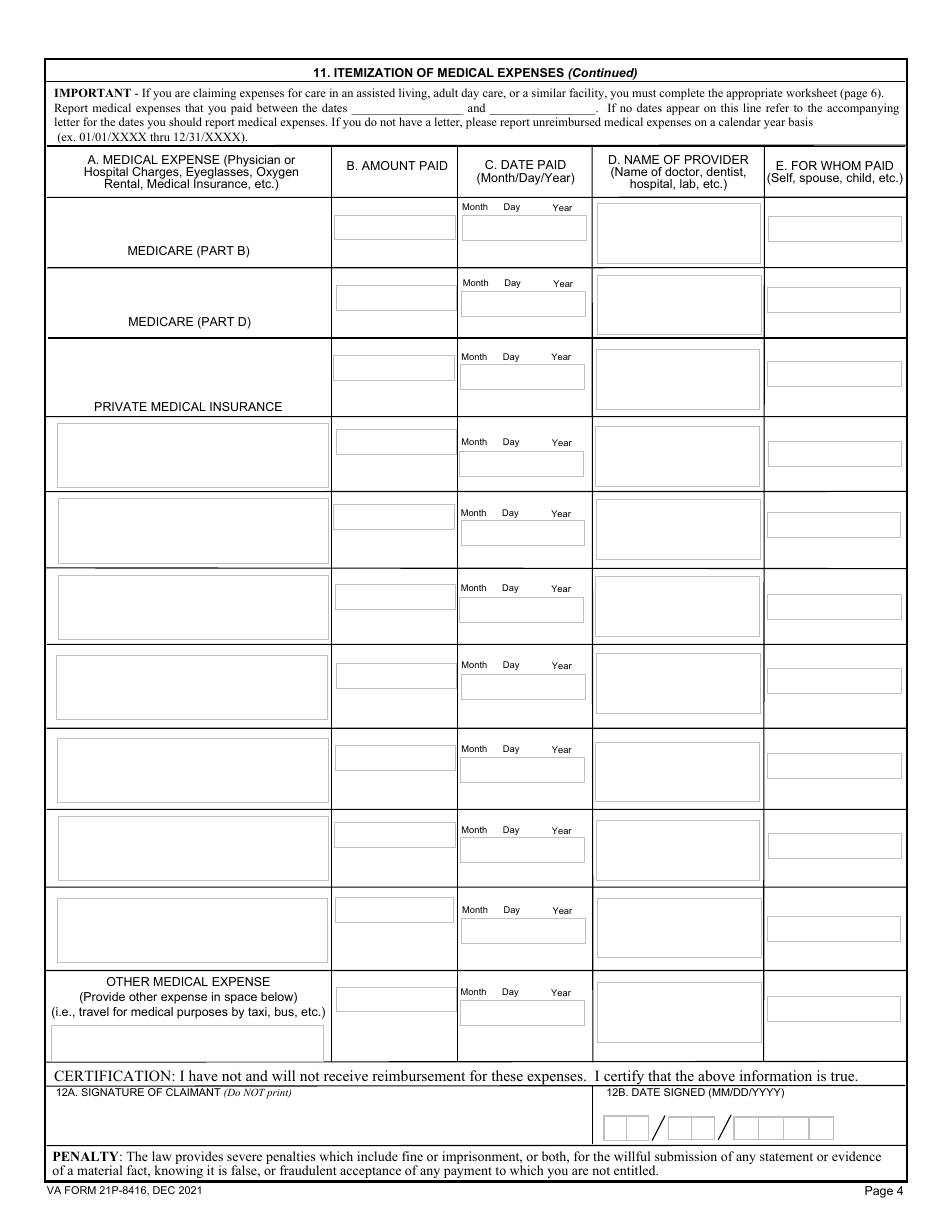 VA Form 21P-8416 Medical Expense Report, Page 4