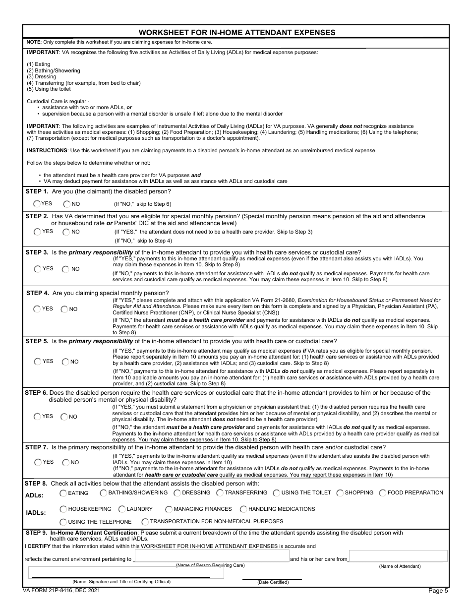 VA Form 21P-8416 Medical Expense Report, Page 5
