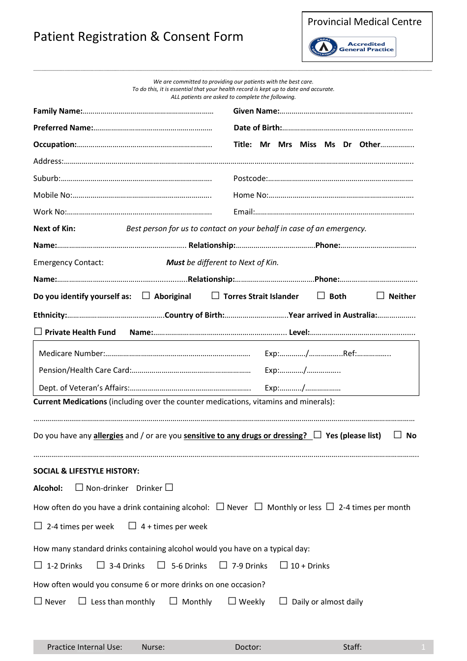 Patient Registration  Consent Form - Provincial Medical Centre, Page 1