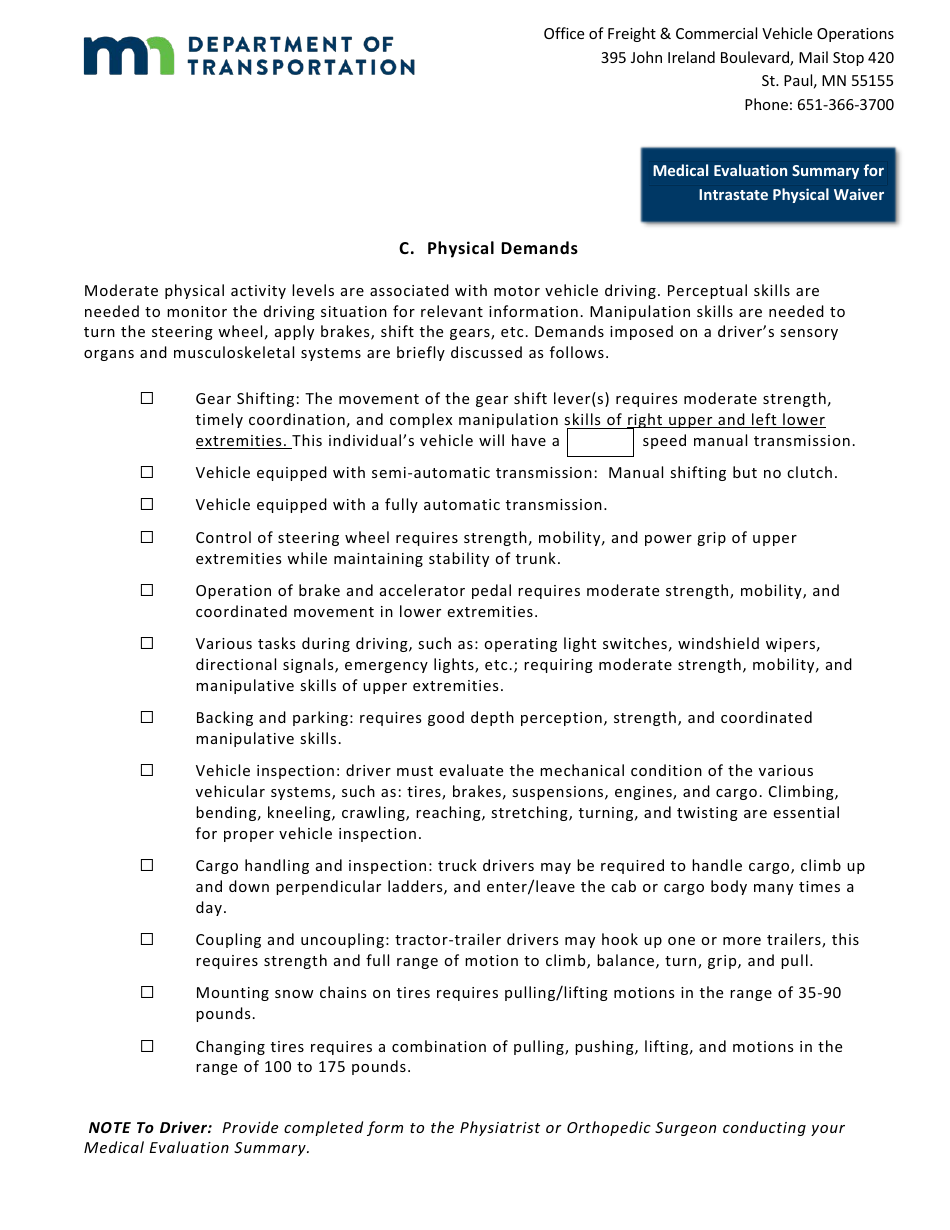 Minnesota Intrastate Driver Waiver Application - Physical - Minnesota, Page 10