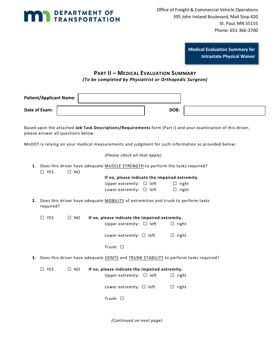 Minnesota Intrastate Driver Waiver Application - Physical - Minnesota, Page 12