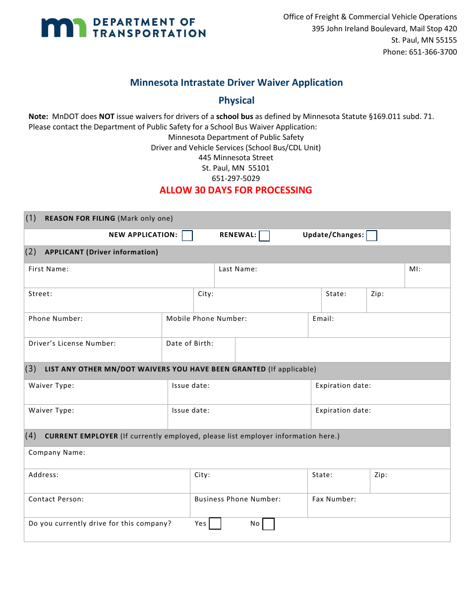 Minnesota Intrastate Driver Waiver Application - Physical - Minnesota, Page 2