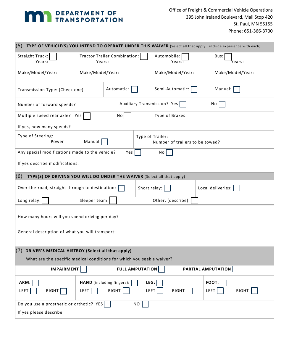 Minnesota Intrastate Driver Waiver Application - Physical - Minnesota, Page 3