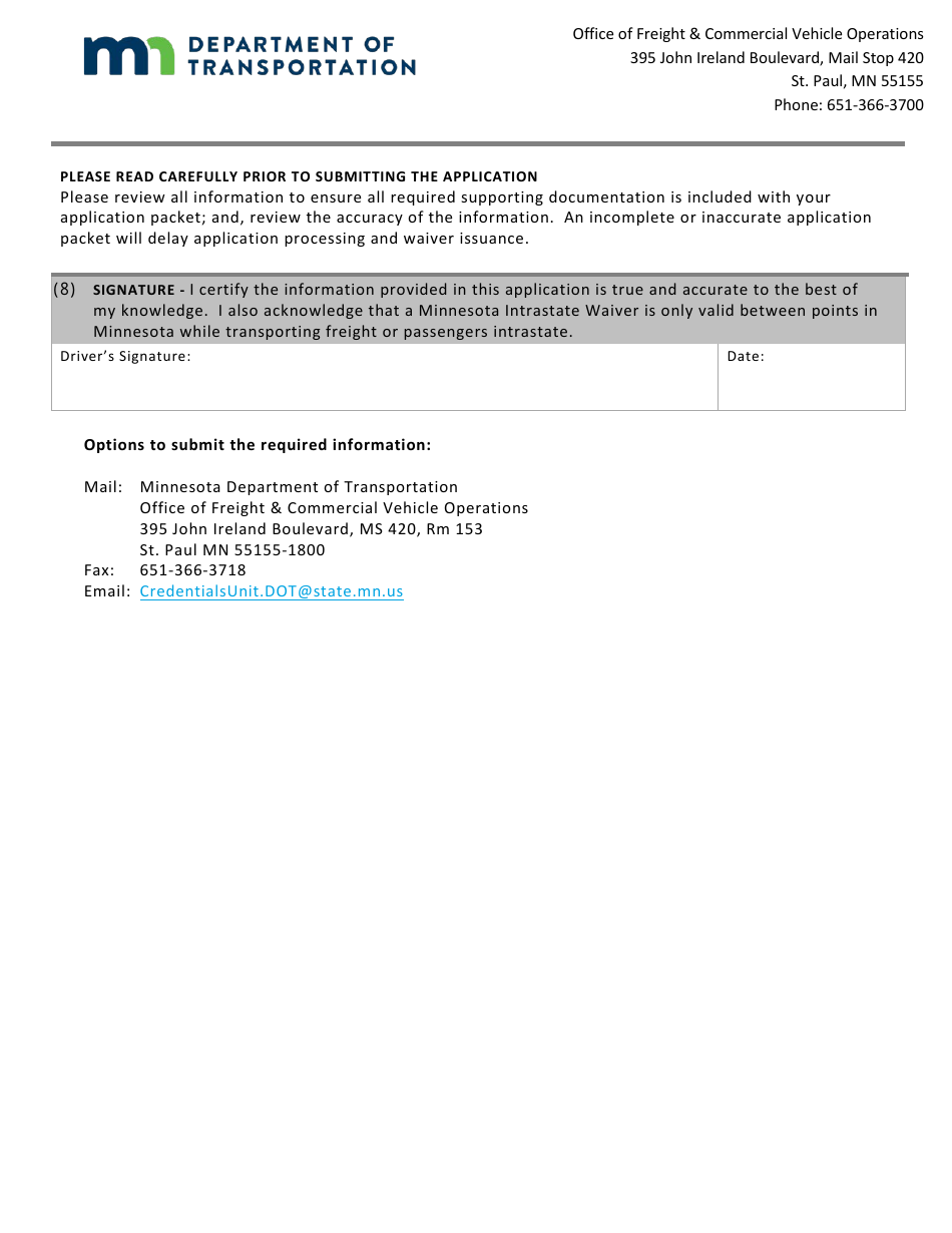 Minnesota Intrastate Driver Waiver Application - Physical - Minnesota, Page 4
