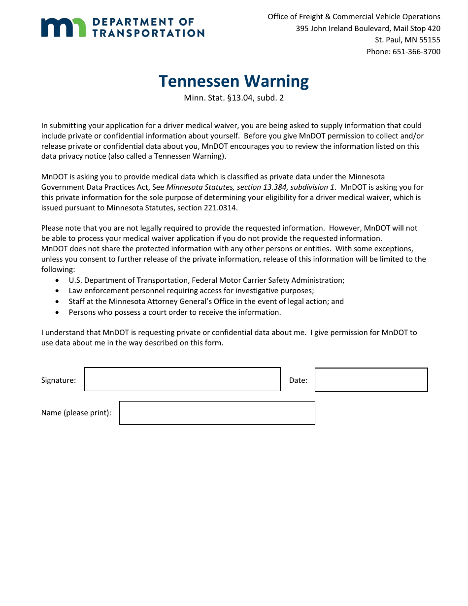 Minnesota Intrastate Driver Waiver Application - Physical - Minnesota, Page 5