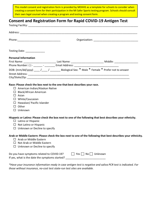 Consent and Registration Form for Rapid Covid-19 Antigen Test - Michigan Download Pdf