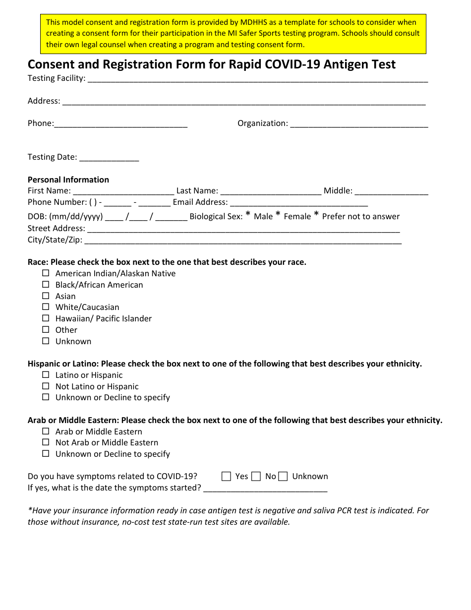 Consent and Registration Form for Rapid Covid-19 Antigen Test - Michigan, Page 1