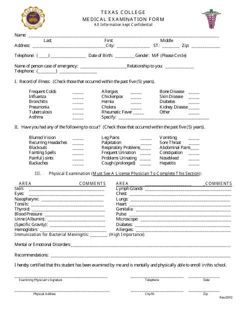 College Medical Examination Form - Texas College Download Pdf