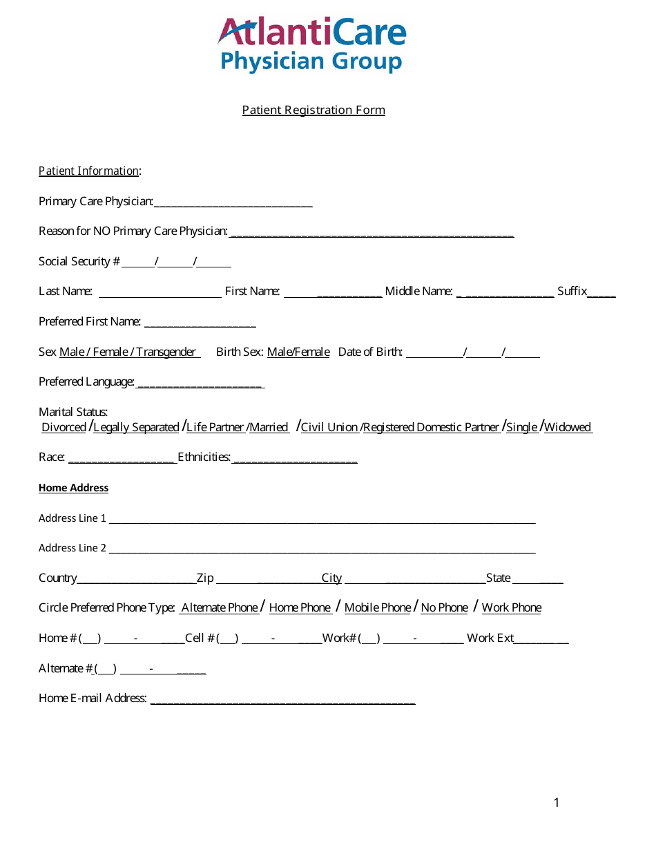 Patient Registration Form - Atlanti Care Physician Group, Page 1