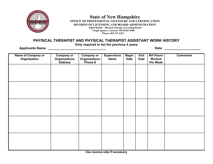 Physical Therapist and Physical Therapist Assistant Work History - New Hampshire Download Pdf
