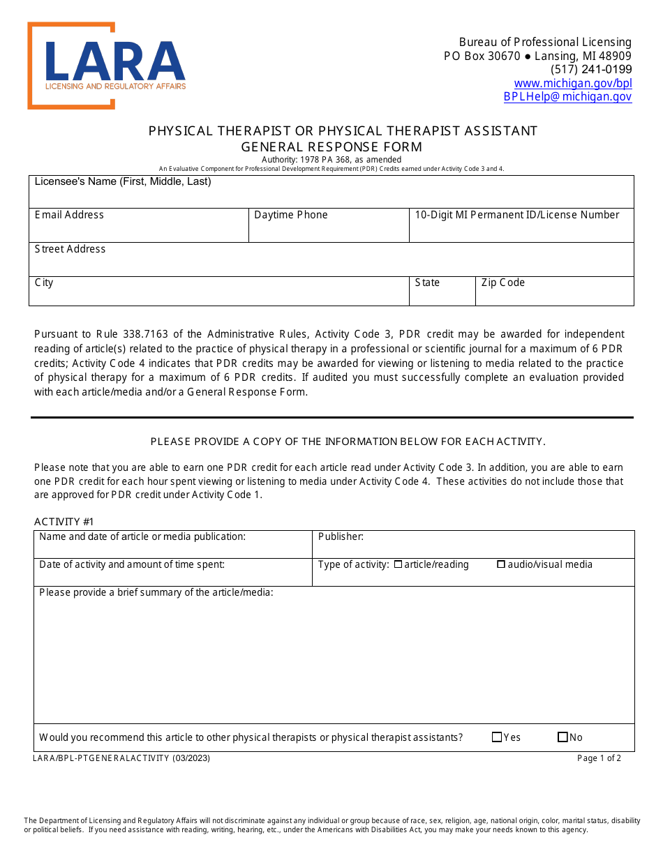 Physical Therapist or Physical Therapist Assistant General Response Form - Michigan, Page 1