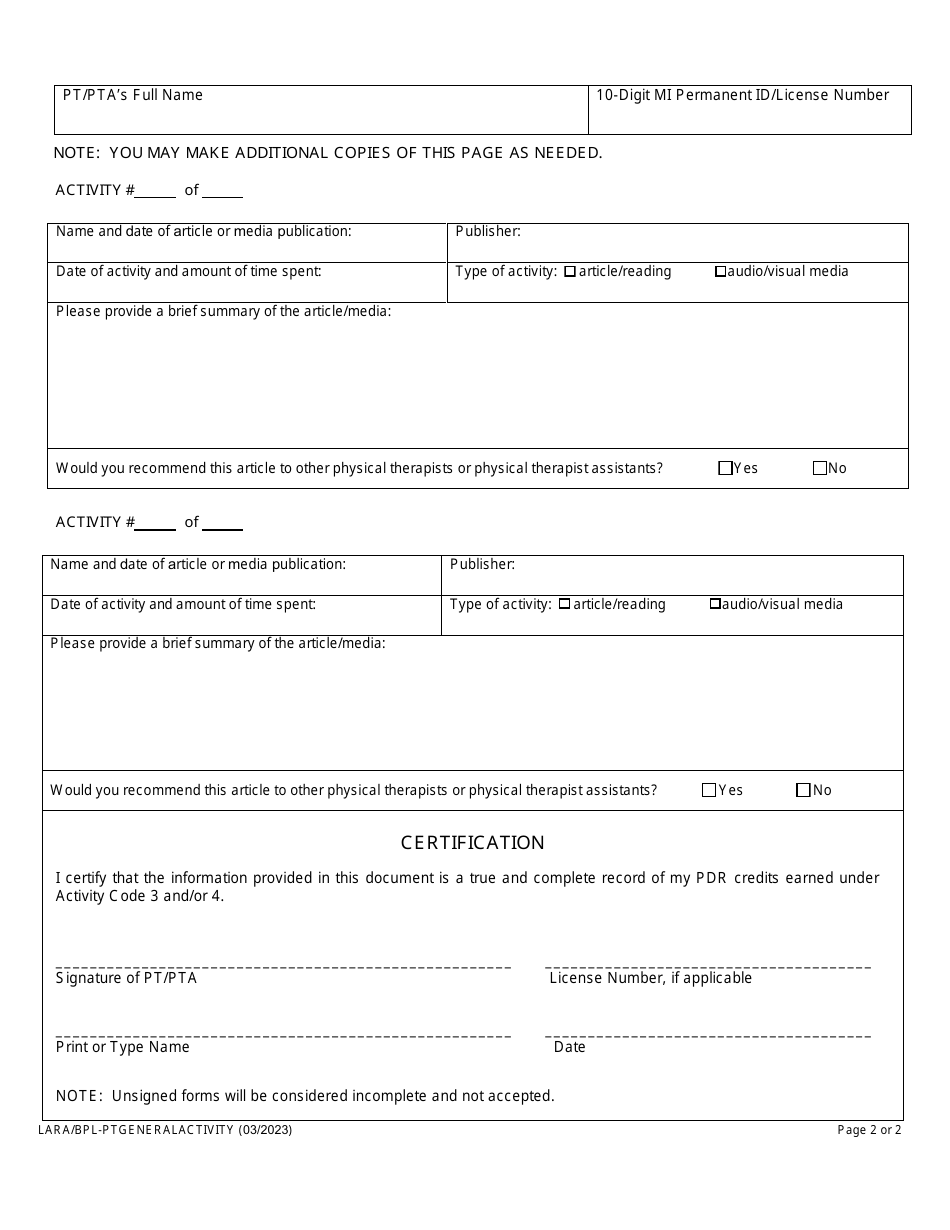 Physical Therapist or Physical Therapist Assistant General Response Form - Michigan, Page 2
